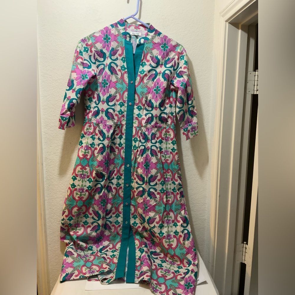 Beau & Ro 100% Cotton colorful Painted Midi Button Down Dress